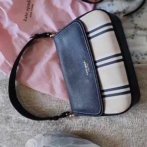 Kate Spade bag, navy, cream strip with shoulder strap. Nwot, dust bag included